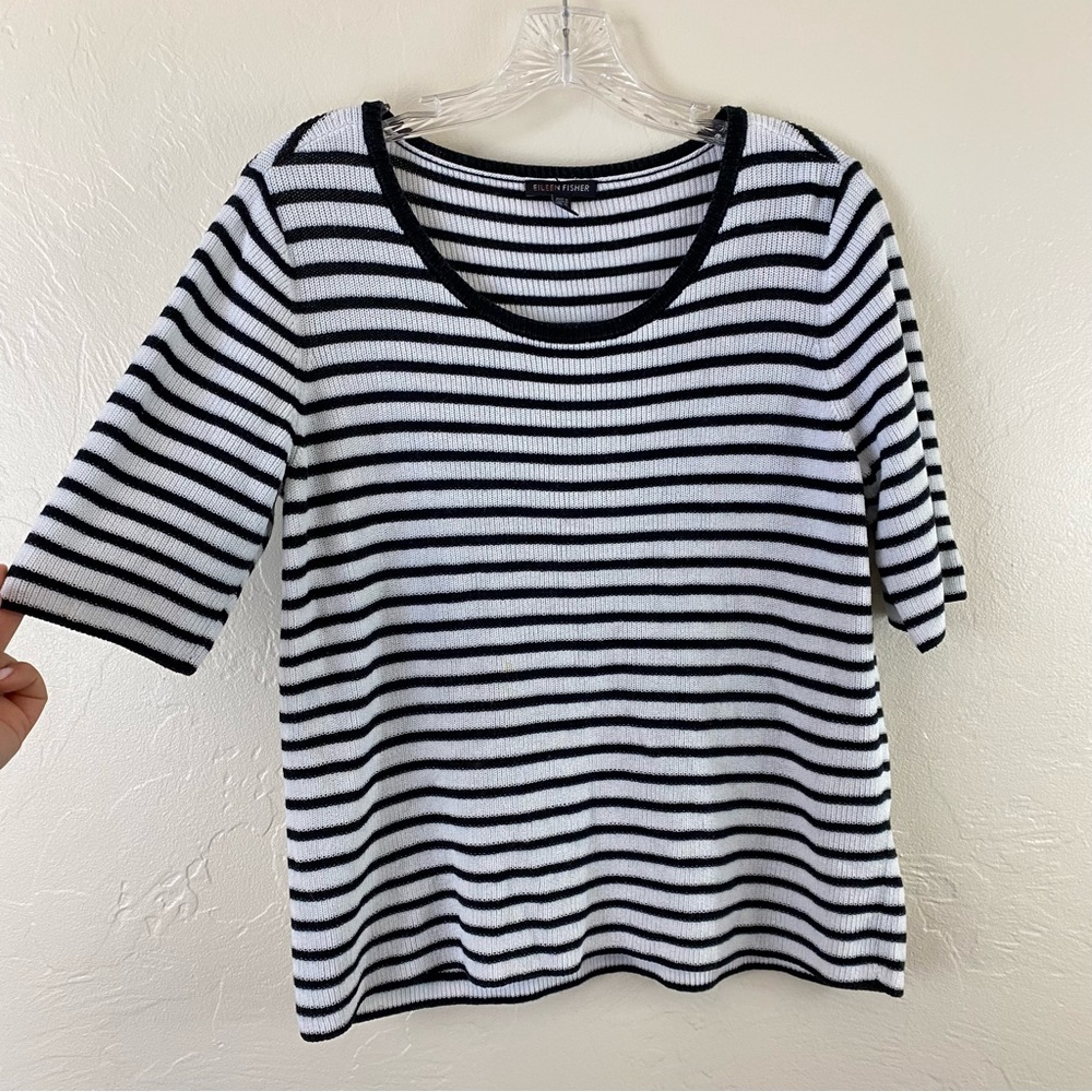 Eileen Fisher Black and White Striped Short Sleeve Sweater